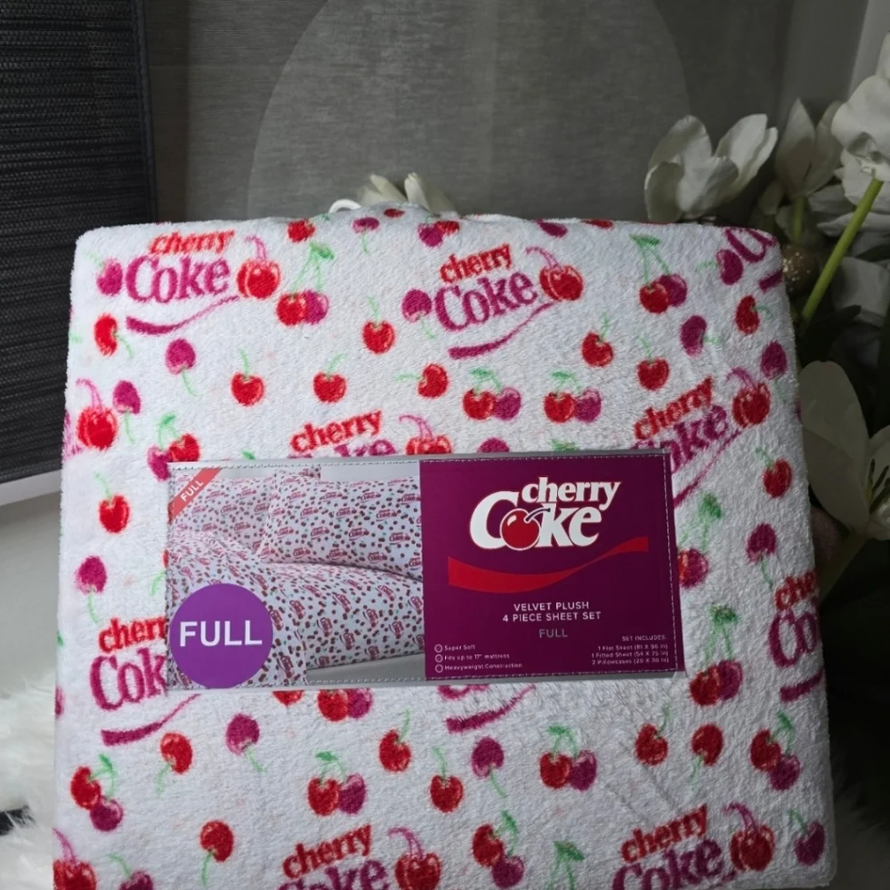 Cherry Coke Full velvet plush 4 piece sheet set new